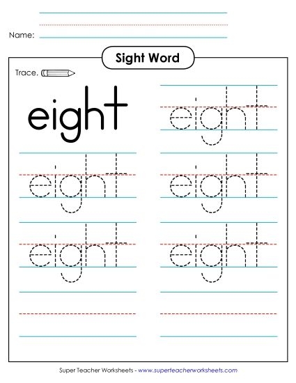 Worksheet designed for kindergarten students to practice reading and writing the word "eight