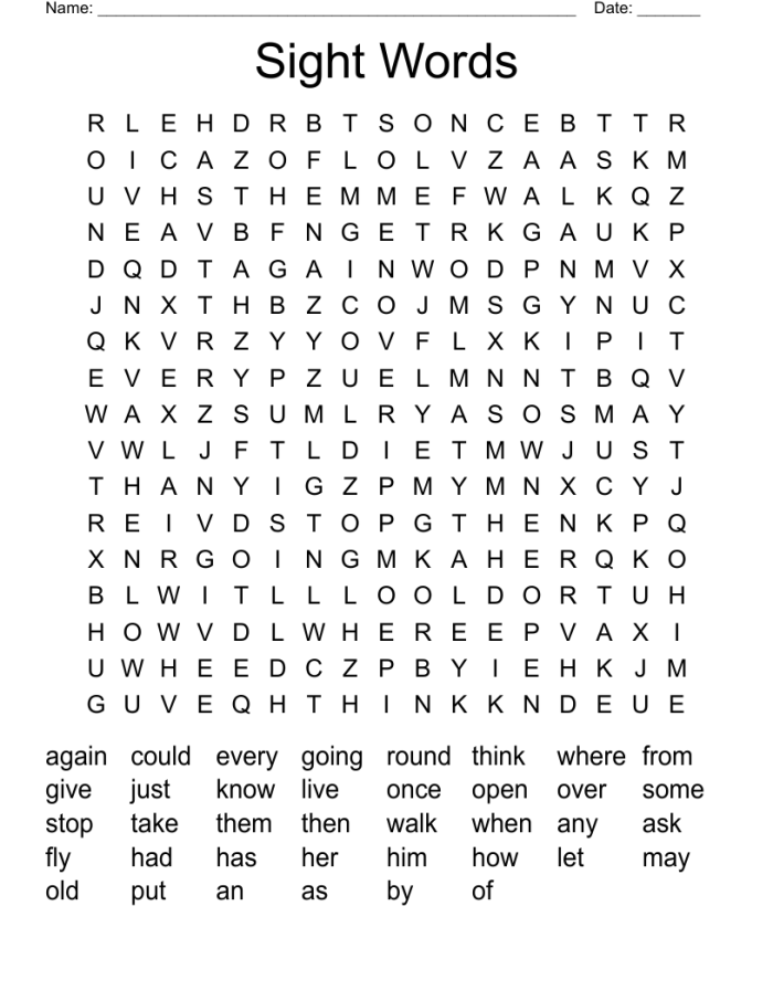 Word search puzzle featuring sight words that start with the letter A for pre-K learners to practice reading and writing skills