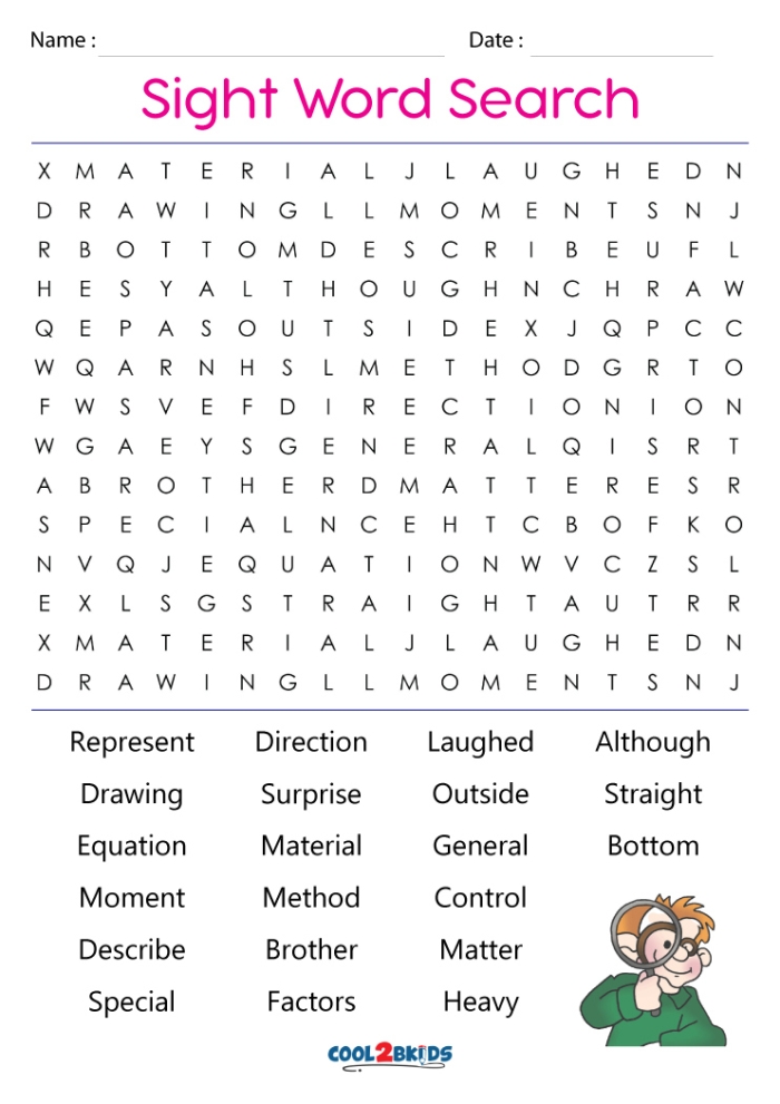 Word search puzzle featuring sight words that start with the letter A for Pre-K learners to practice reading skills