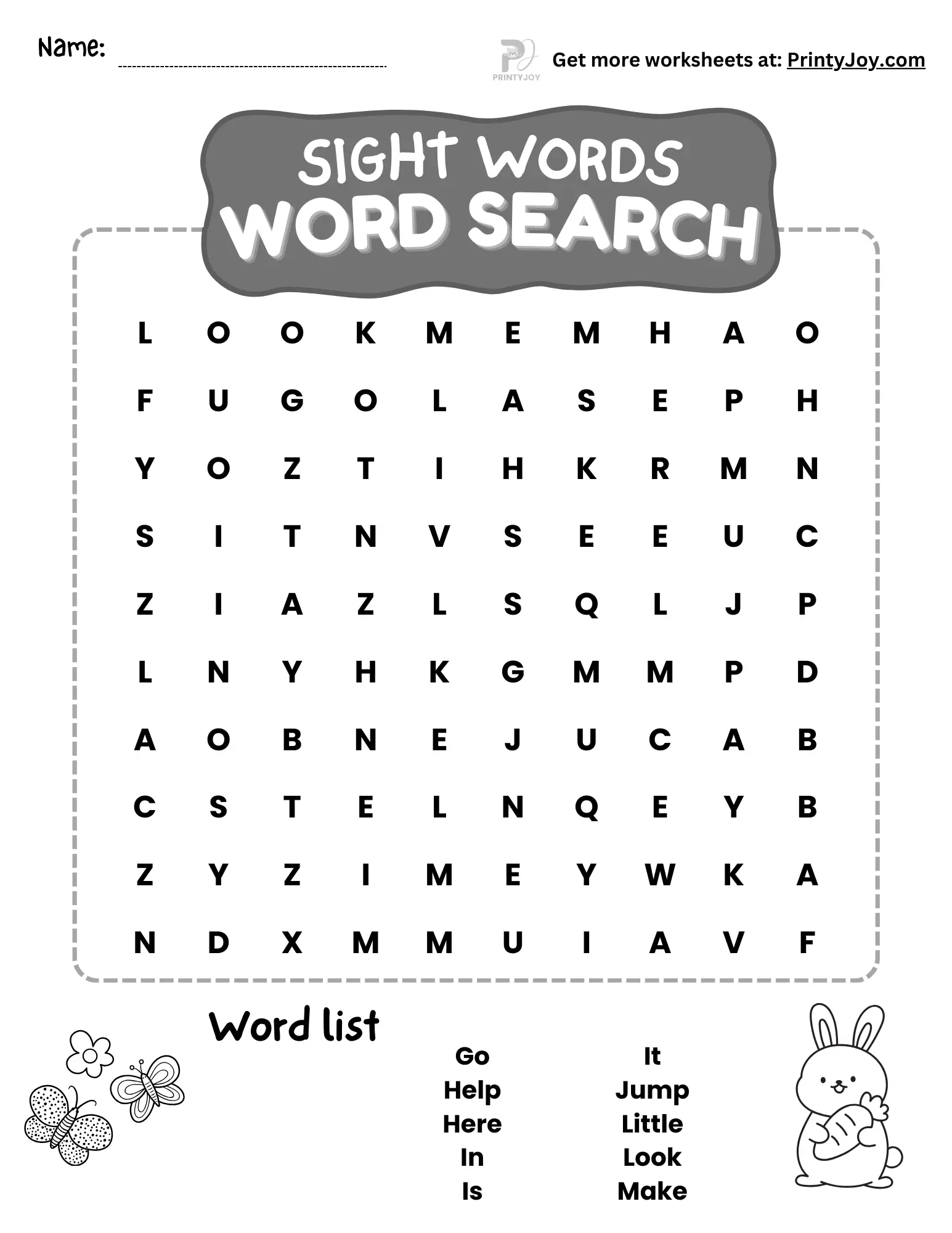 Colorful word search puzzle featuring sight words that start with the letter A for Pre-K learners