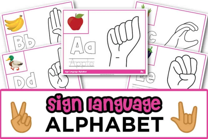 Second grade student practicing the sign language alphabet on a printable educational worksheet
