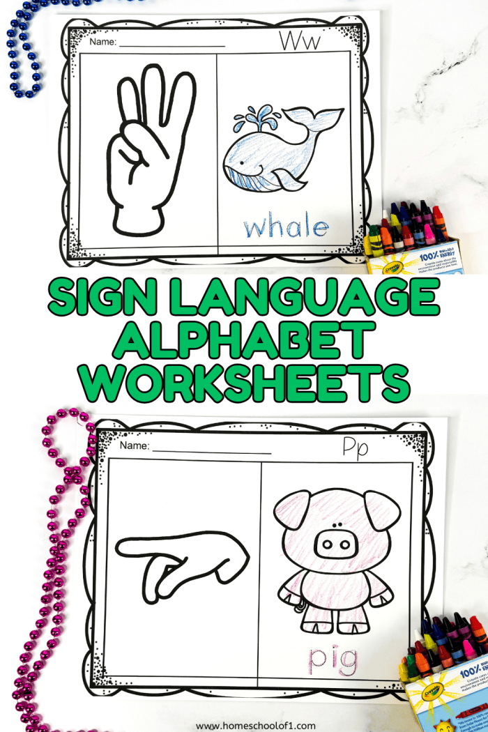Second grade student practicing the sign language alphabet on an educational worksheet
