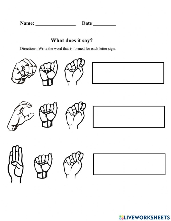 Second grade student practicing the manual alphabet with a printable sign language worksheet