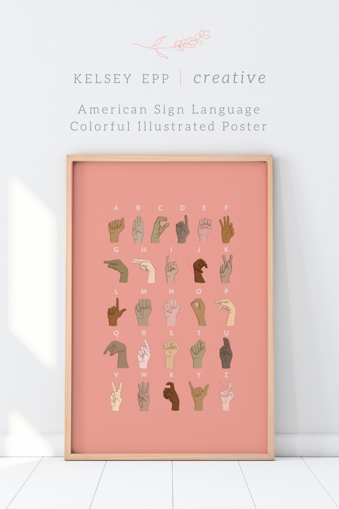 Second grade student learning sign language alphabet letters with visual hand gesture illustrations for deaf communication basics