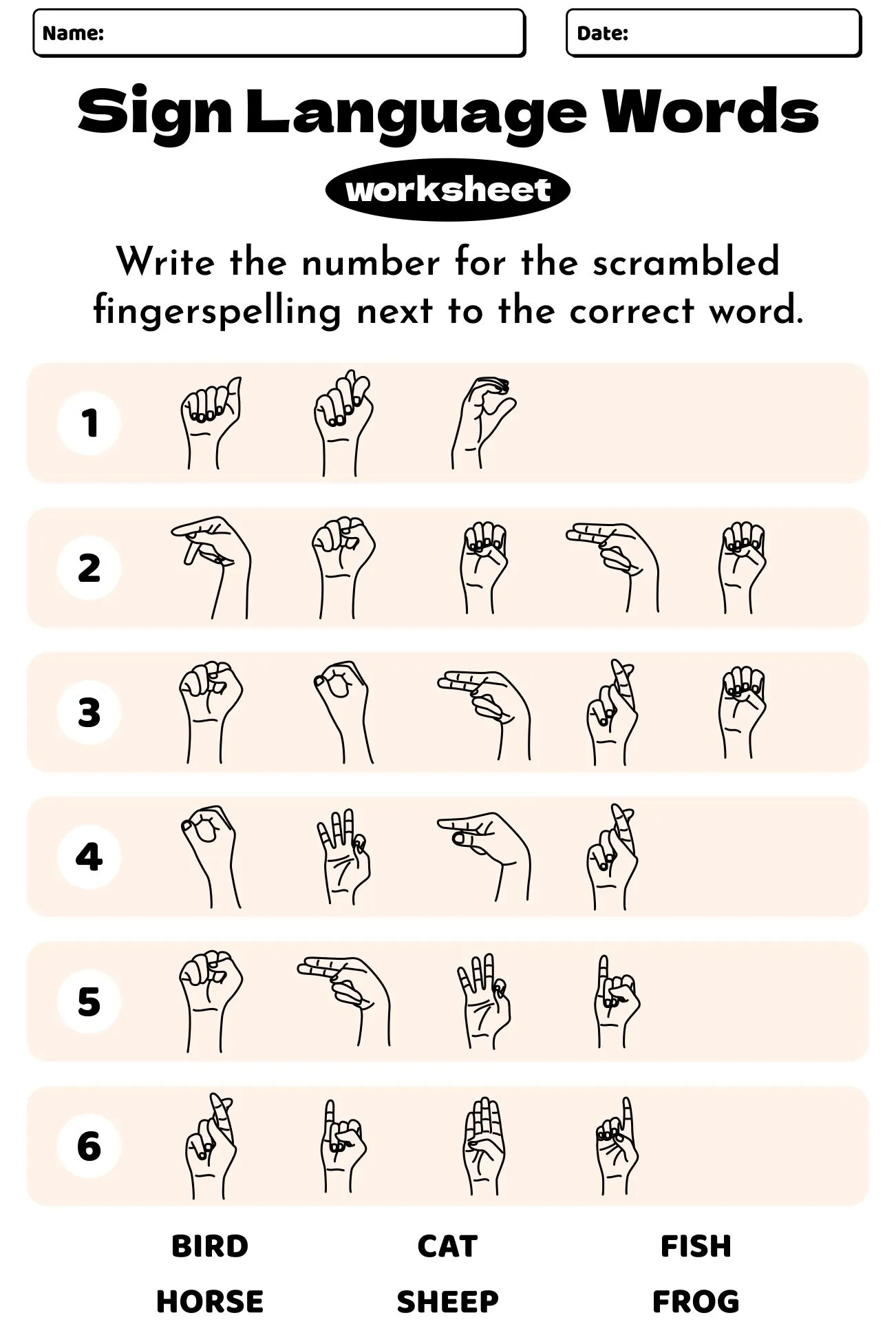 Second grade student using a sign language alphabet worksheet to learn finger spelling