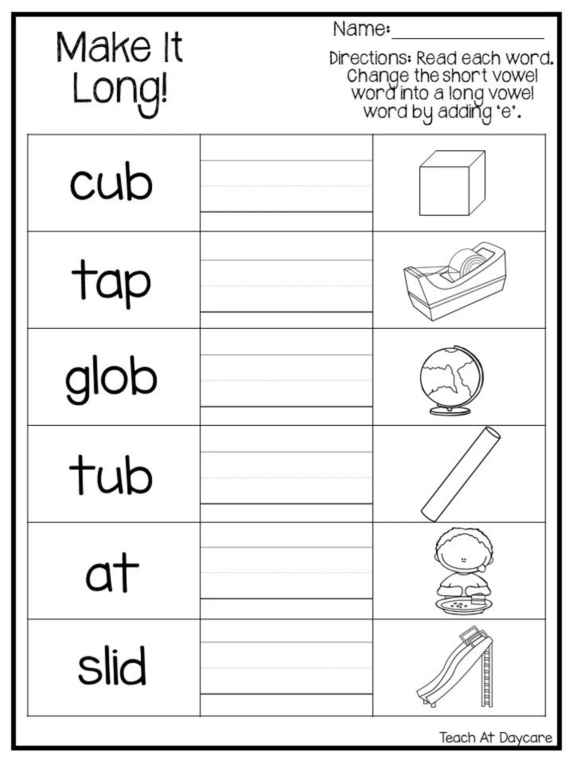 Economics worksheet for Kindergarten Silent E Picture Sort worksheet for kindergarten students focusing on CVC and CVC+silent E words. Engaging visual activity to enhance early literacy skills in economics-themed lessons.