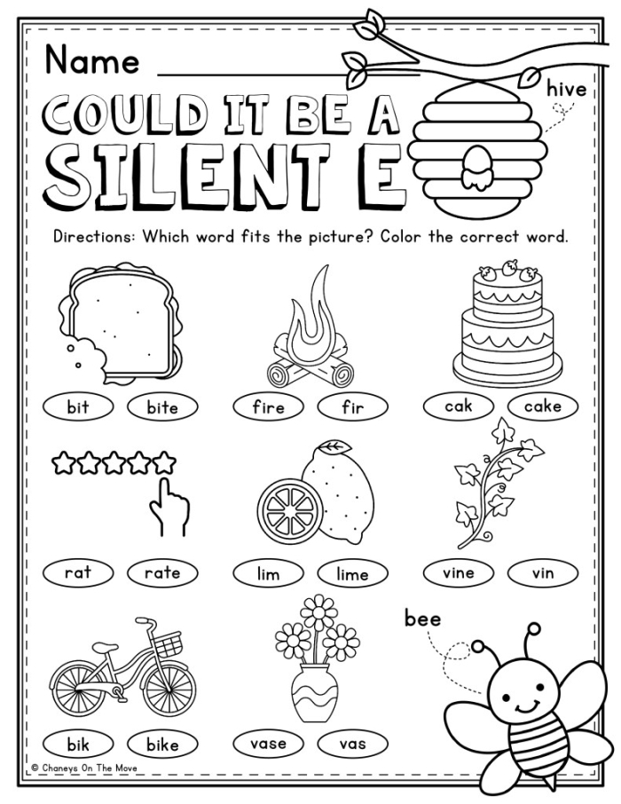 Silent e word practice exercise with picture and letter boxes for kindergarten learners