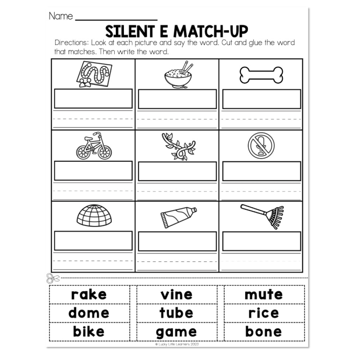 First grade phonics worksheet showing scrambled words with picture clues for practicing silent E long vowel sounds