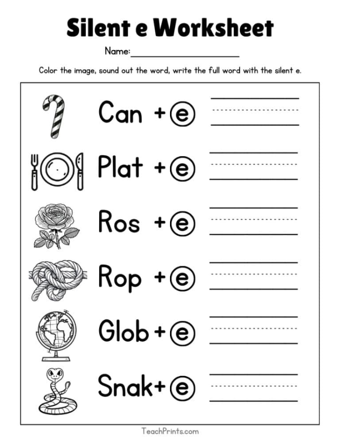 First grade phonics worksheet showing scrambled words with picture clues for practicing silent E long vowel sounds