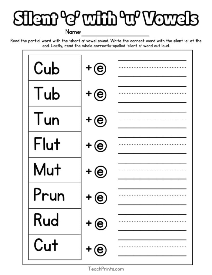 Silent e worksheet for kindergarten focusing on phonics and long vowel sounds
