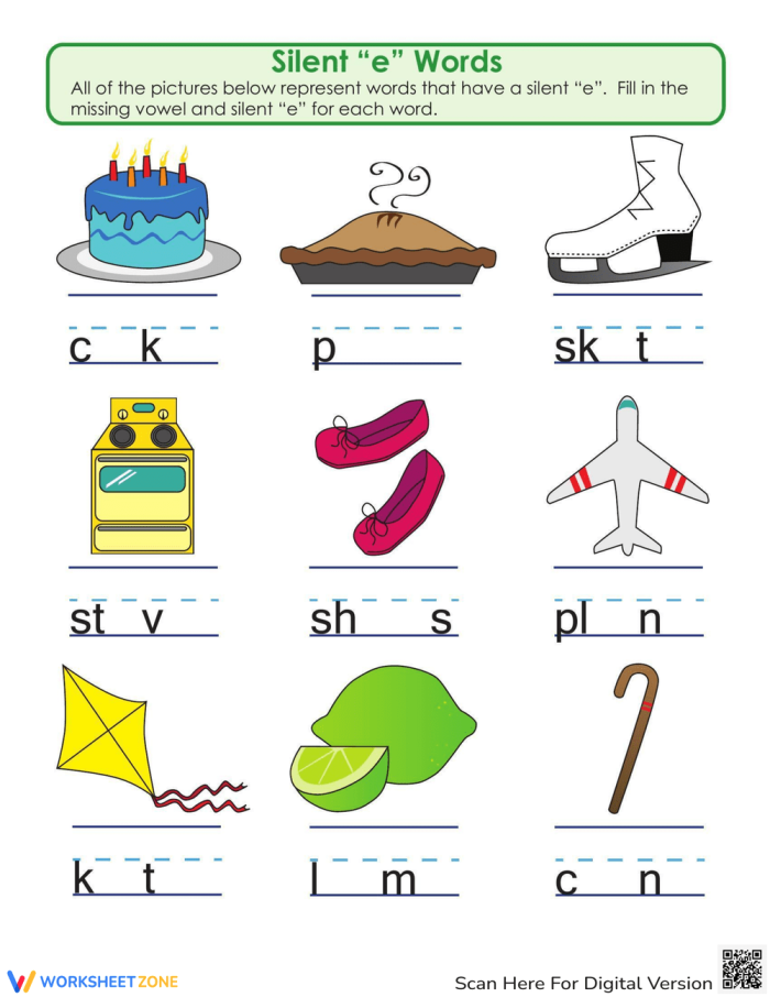 Kindergarten worksheet focused on building silent e words with fun phonics exercises