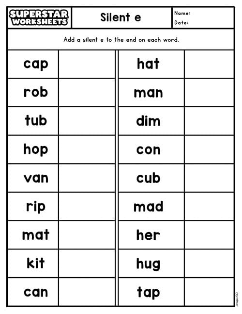 Silent "e" worksheet designed for kindergarten phonics practice with long vowel sounds