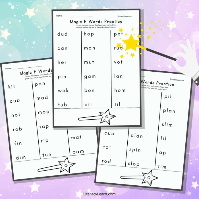 Silent e worksheet for kindergarten focusing on long vowel sounds and phonics practice