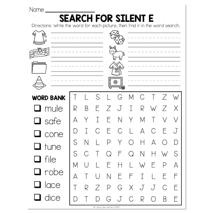First grade students use picture clues to solve the Silent E Scramble worksheet nineteen