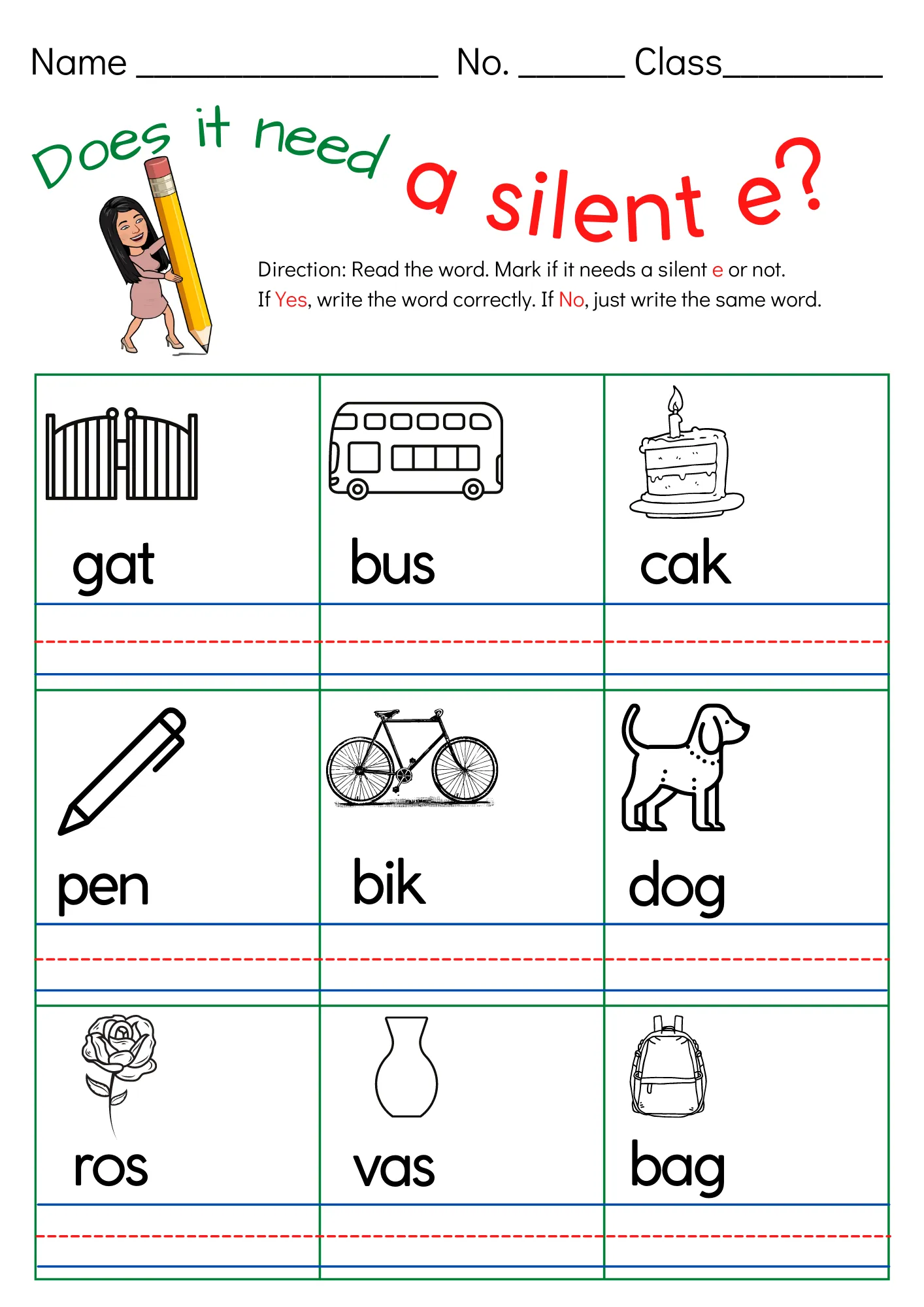 First grade phonics worksheet showing scrambled words with picture clues for practicing silent E long vowel sounds