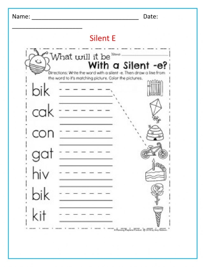 Silent e word practice worksheet with pictures and writing lines for kindergarten students learning phonics