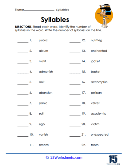 Third grade phonics worksheet showing syllable practice exercises with vowel-consonant-silent E pattern words for students to divide and pronounce