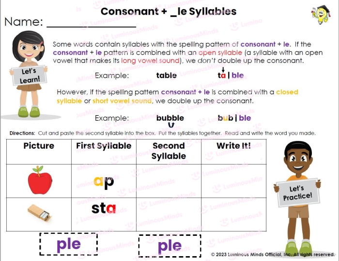 Third grade student completing a phonics worksheet focused on identifying syllables in silent E vowel consonant words