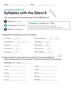 Third grade phonics worksheet showing syllable practice exercises for words containing the vowel consonant silent e pattern