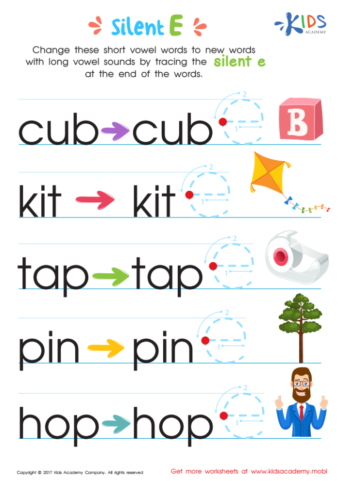 First grade phonics worksheet for unscrambling silent E words with picture clues