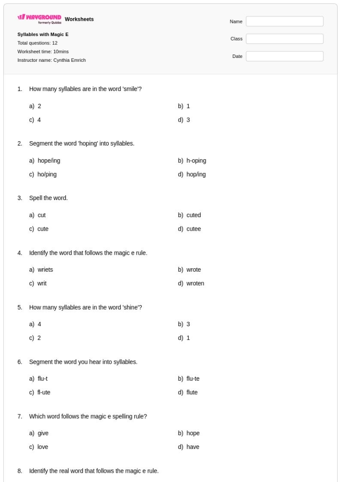 Third grade student completing a phonics worksheet on VCE syllable patterns with silent E