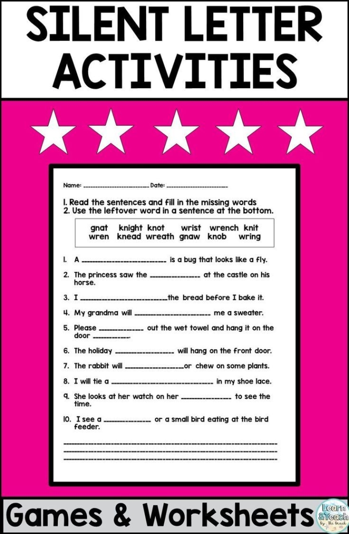 Silent Letter Search worksheet for fourth graders focusing on silent letters in words