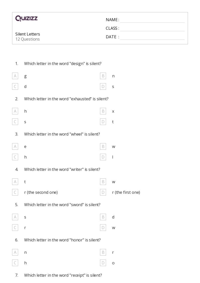 Silent Letter Search worksheet designed for fourth-grade students to enhance their grammar skills