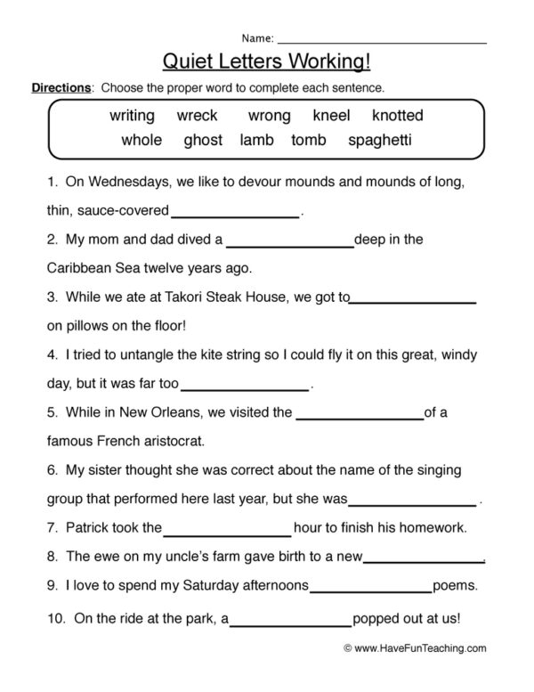 Silent Letter Search worksheet for fourth graders to enhance their grammar skills