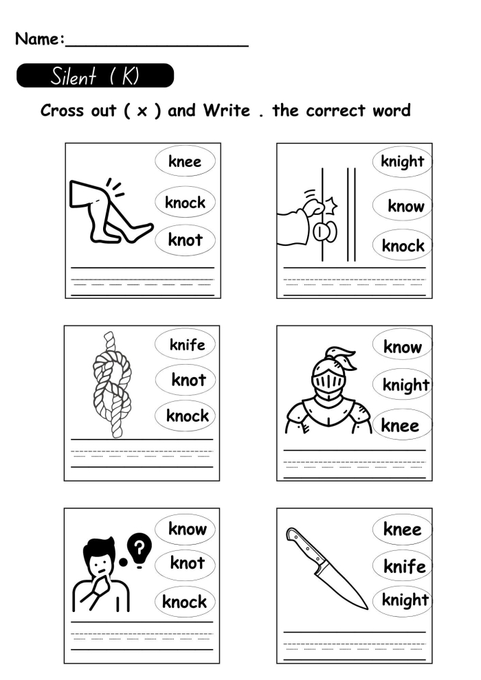 Worksheet featuring a silent letter search activity for fourth-grade students