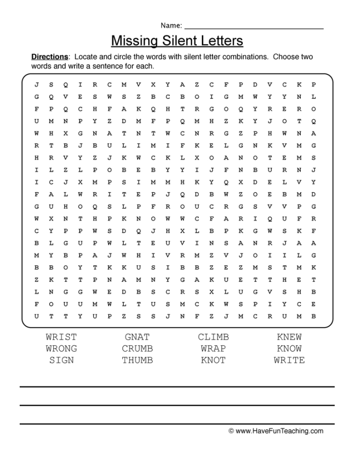 Worksheet featuring a Silent Letter Search activity for fourth graders to enhance their grammar skills