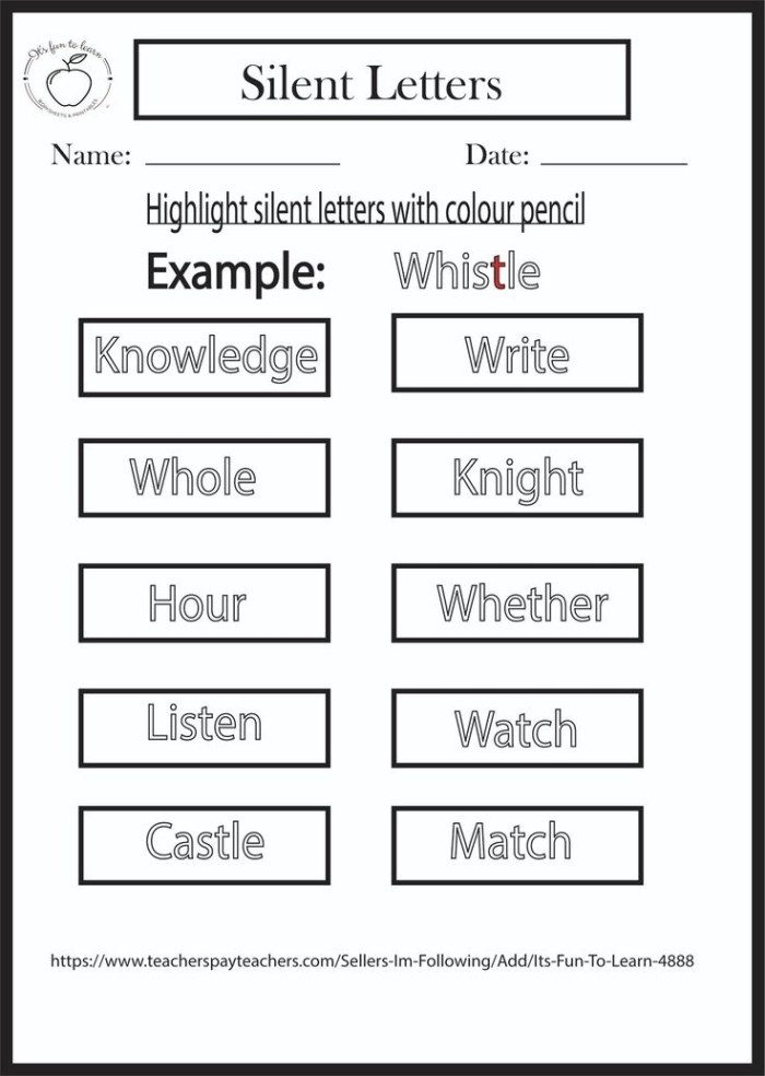 Silent Letter Search worksheet for fourth graders focusing on grammar and mechanics