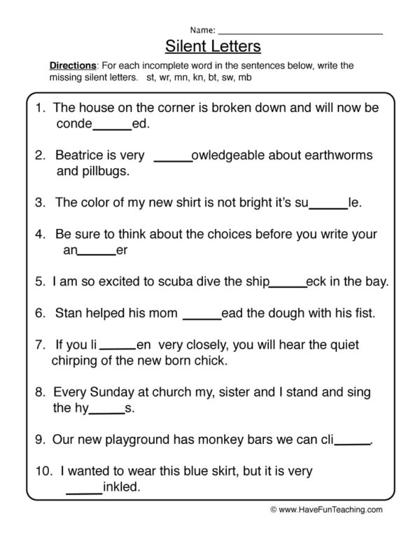Silent Letter Search worksheet for fourth graders focusing on grammar and mechanics