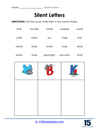 Silent Letter Search worksheet for fourth graders focusing on grammar skills