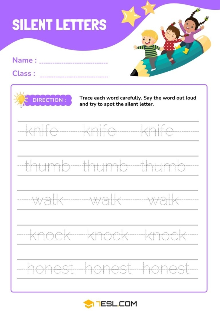 Silent Letter Search worksheet designed for fourth graders to enhance their grammar skills