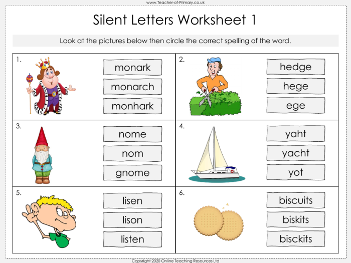 Silent Letter Search worksheet for fourth-grade grammar practice