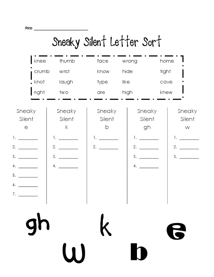 Silent Letter Search worksheet for fourth-grade grammar practice