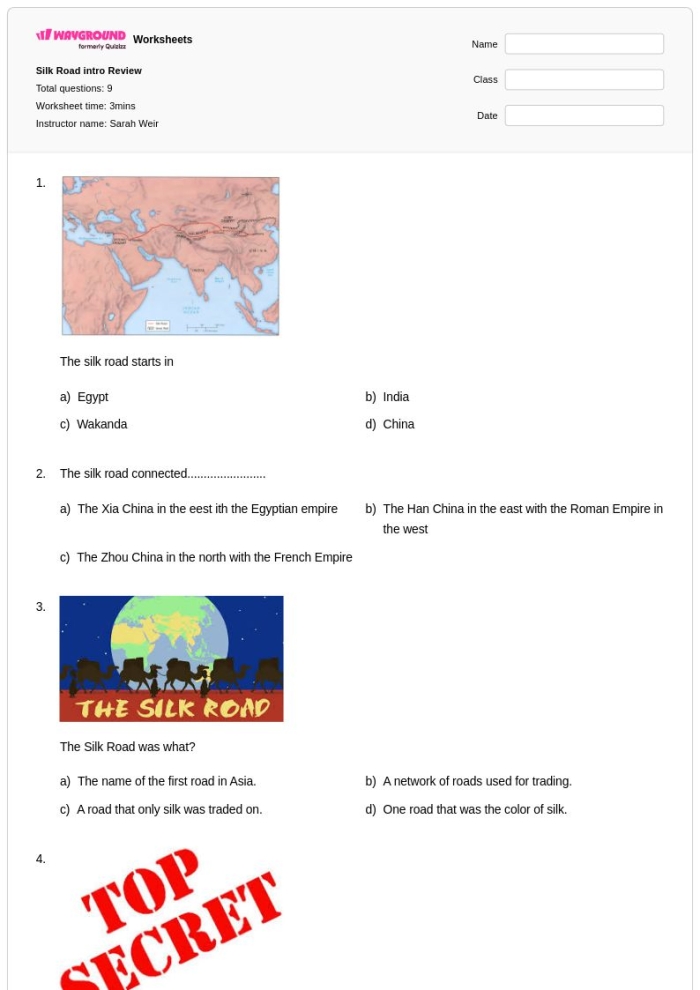 Engaging activities to enhance research skills related to the historic Silk Road Detailed worksheet on the Silk Road for sixth graders exploring Ancient China