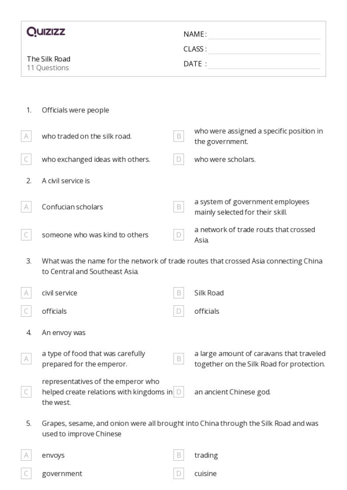 Ancient China The Silk Road worksheet number nineteen exploration activity Sixth grade student researching historical facts about the Silk Road for a class assignment