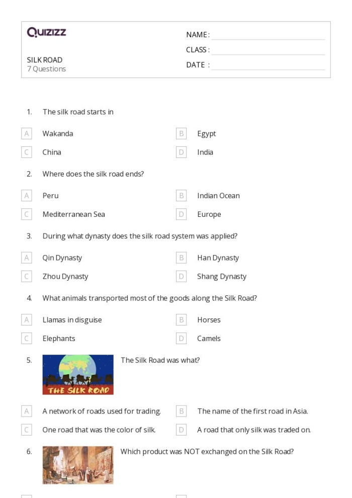 Exploratory worksheet on the Silk Road for developing research skills Worksheet focused on Ancient China and the Silk Road for sixth graders