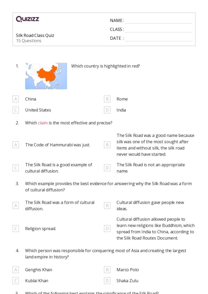 Worksheet on Ancient China: The Silk Road for sixth-grade students Illustration of a sixth-grade worksheet focused on the Silk Road in Ancient China