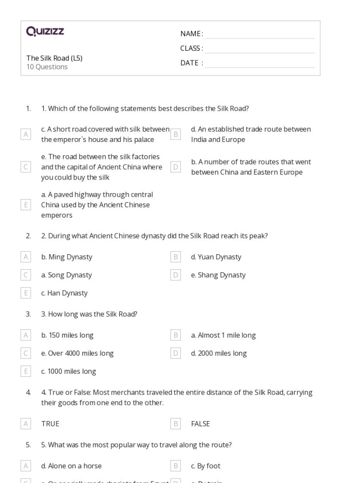 Educational resource on the Silk Road for developing research skills Worksheet exploring the Silk Road in Ancient China for sixth graders