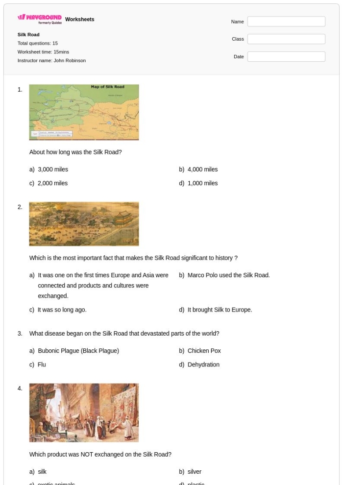 Exploratory worksheet on the Silk Road for developing research skills Worksheet featuring the Silk Road in Ancient China for sixth graders