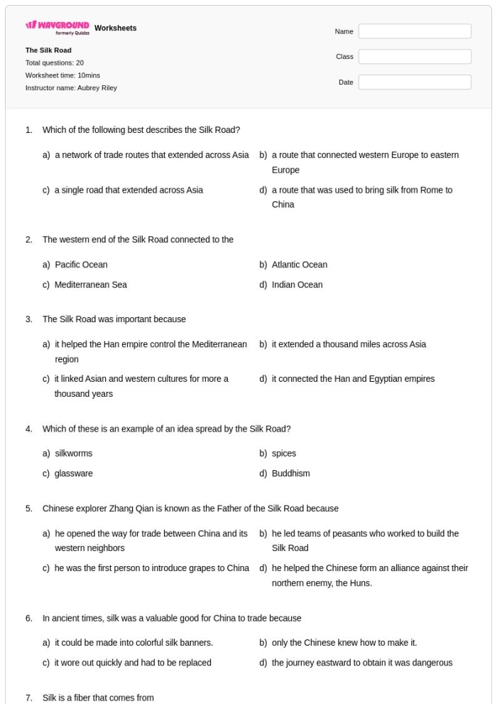 Exploratory worksheet about the famed Silk Road in ancient history Ancient China Silk Road worksheet for sixth graders focusing on research skills