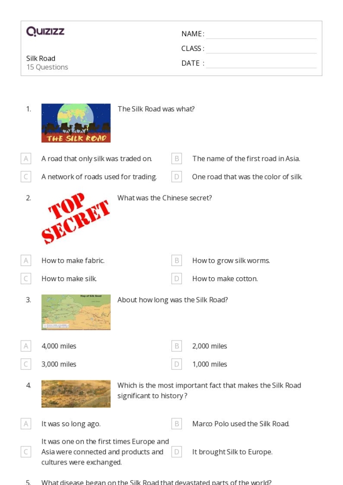 Exploratory worksheet on the Silk Road and its historical significance Ancient China Silk Road worksheet for sixth-grade students to enhance research skills