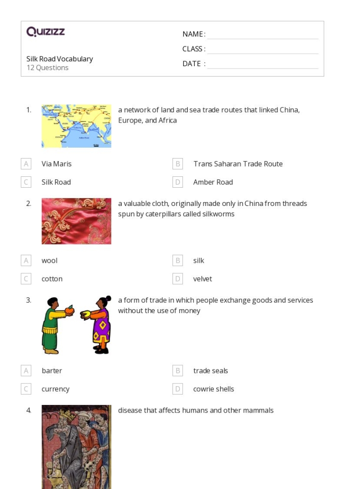 Writing worksheet for Sixth Grade Students engaging with the Ancient China Silk Road worksheet for research skills. Interactive worksheet exploring the history of the Silk Road in Ancient China.