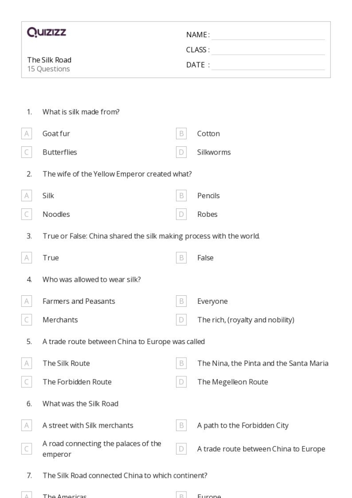 Exploratory worksheet on the Silk Road for world history students Ancient China Silk Road worksheet for sixth graders focusing on research skills