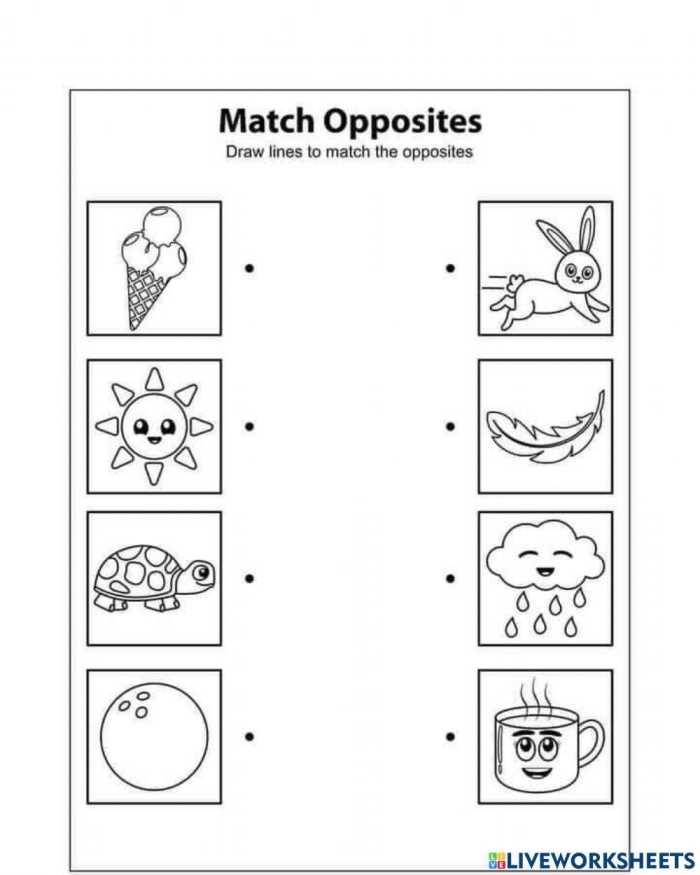 Silly Opposites worksheet for kindergarten students featuring a fun matching exercise