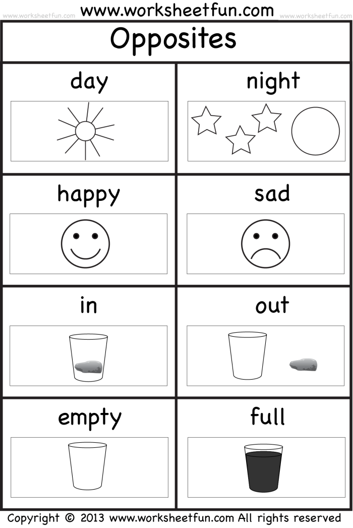 Silly Opposites worksheet for kindergarten students featuring matching images of contrasting concepts