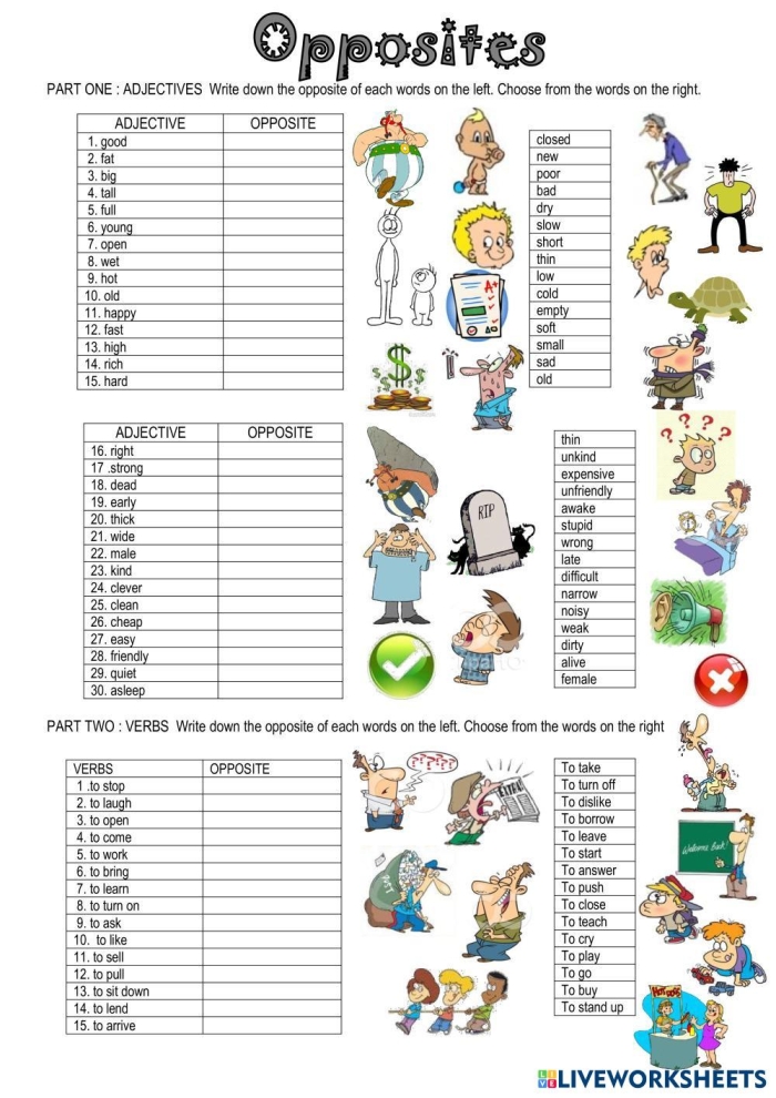 Fun worksheet for kindergarteners matching pictures of silly opposites