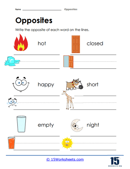 Silly Opposites worksheet for kindergarten students featuring matching pictures of contrasting concepts